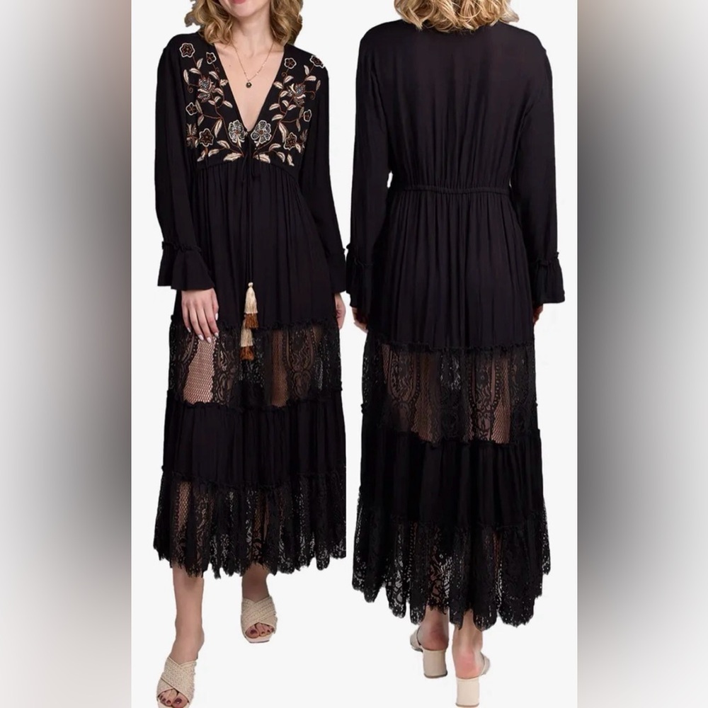 NEW SAACHI Floral Embroidered Lace Long Sleeve Tiered Caftan black